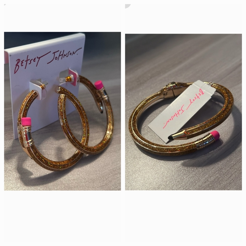 Betsey Johnson Pencil Hoops with Pink Erasers; Hinged BYPASS Bracelet BNWT